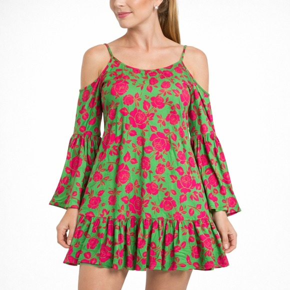Boohoo Tops - Boohoo Cold Shoulder Bell Sleeve Ruffle Floral Dress Tunic Top Green Pink US 14